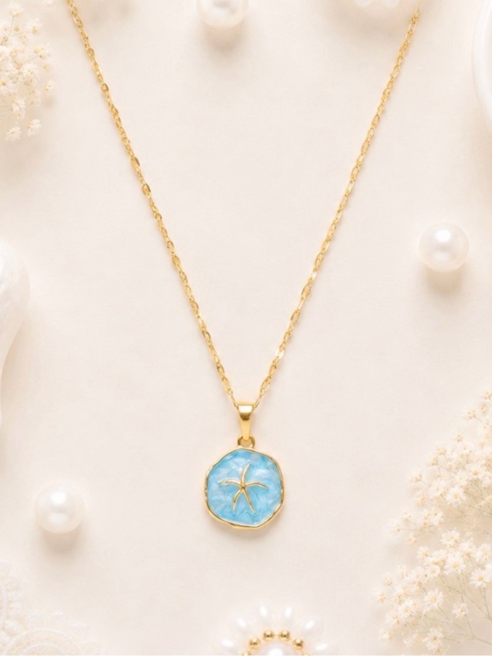 Gold-Plated Blue Enamel Starfish Pendant Necklace-NWOT